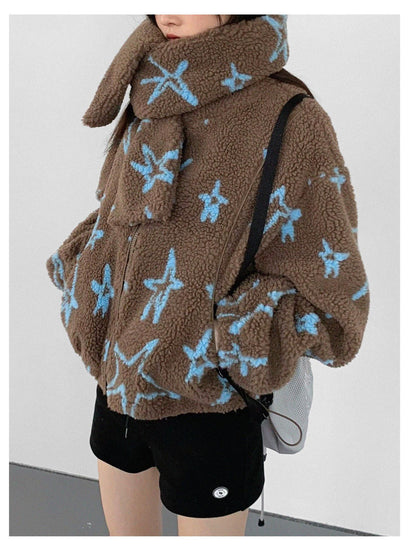 innomoood Star Embroidered Collar Scarf Shearling Cropped Jacket