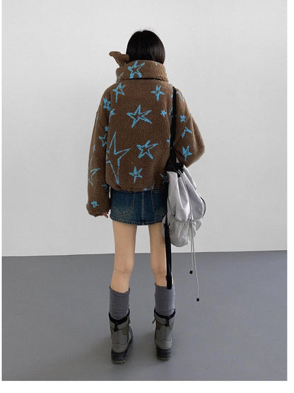 Star Embroidered Collar Scarf Shearling Cropped Jacket