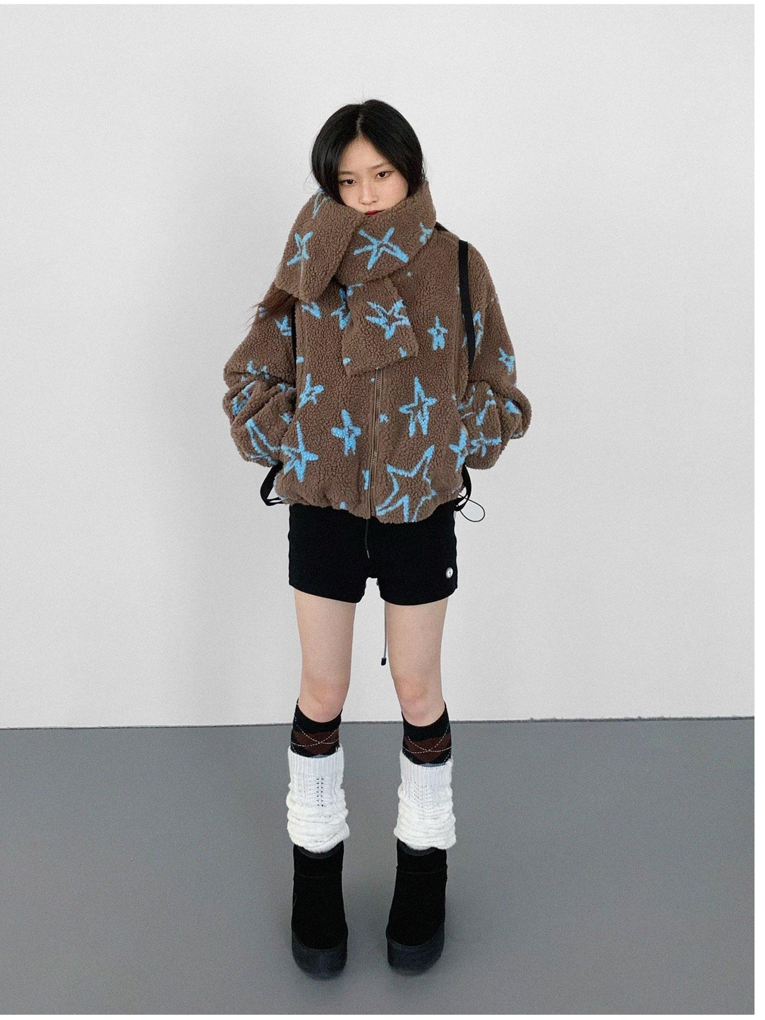 innomoood Star Embroidered Collar Scarf Shearling Cropped Jacket