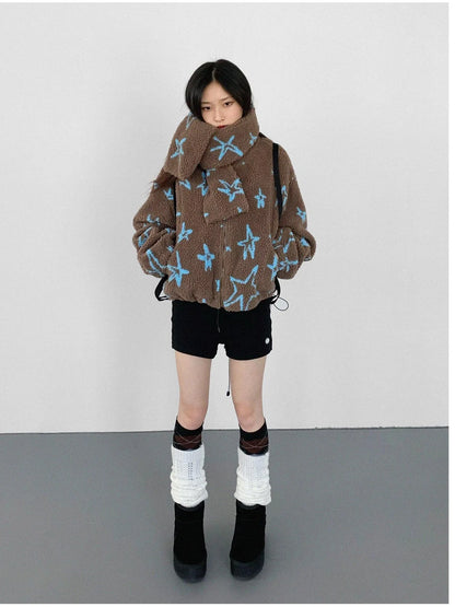 Star Embroidered Collar Scarf Shearling Cropped Jacket