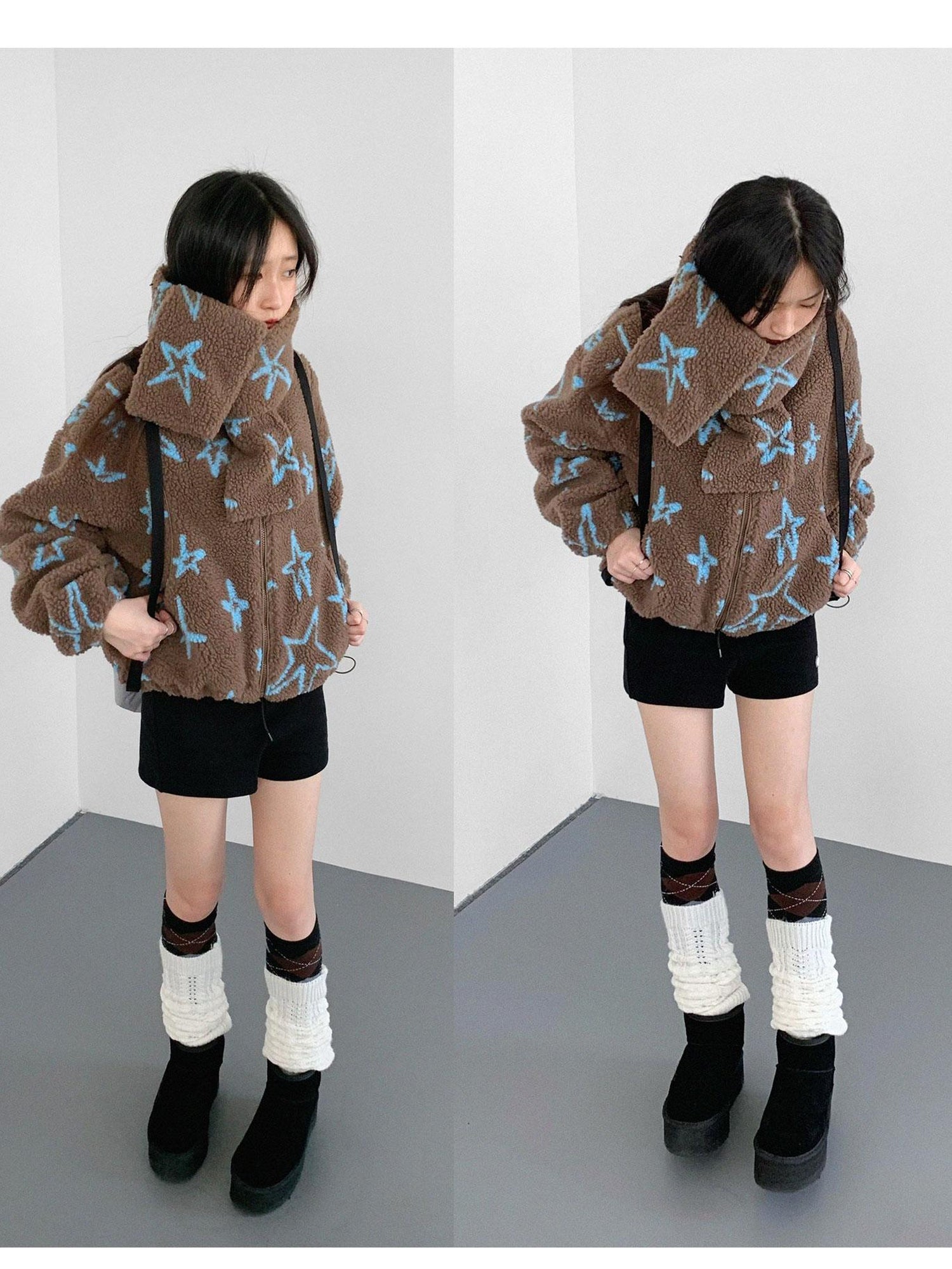 innomoood Star Embroidered Collar Scarf Shearling Cropped Jacket