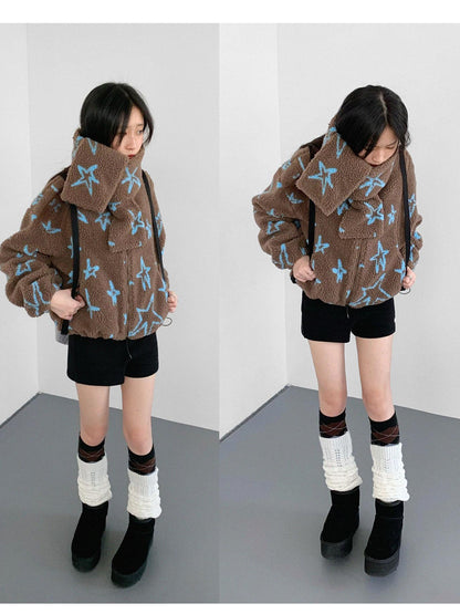 innomoood Star Embroidered Collar Scarf Shearling Cropped Jacket