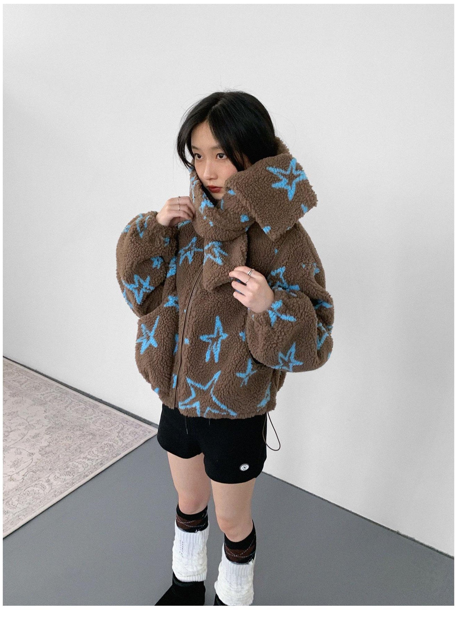 innomoood Star Embroidered Collar Scarf Shearling Cropped Jacket