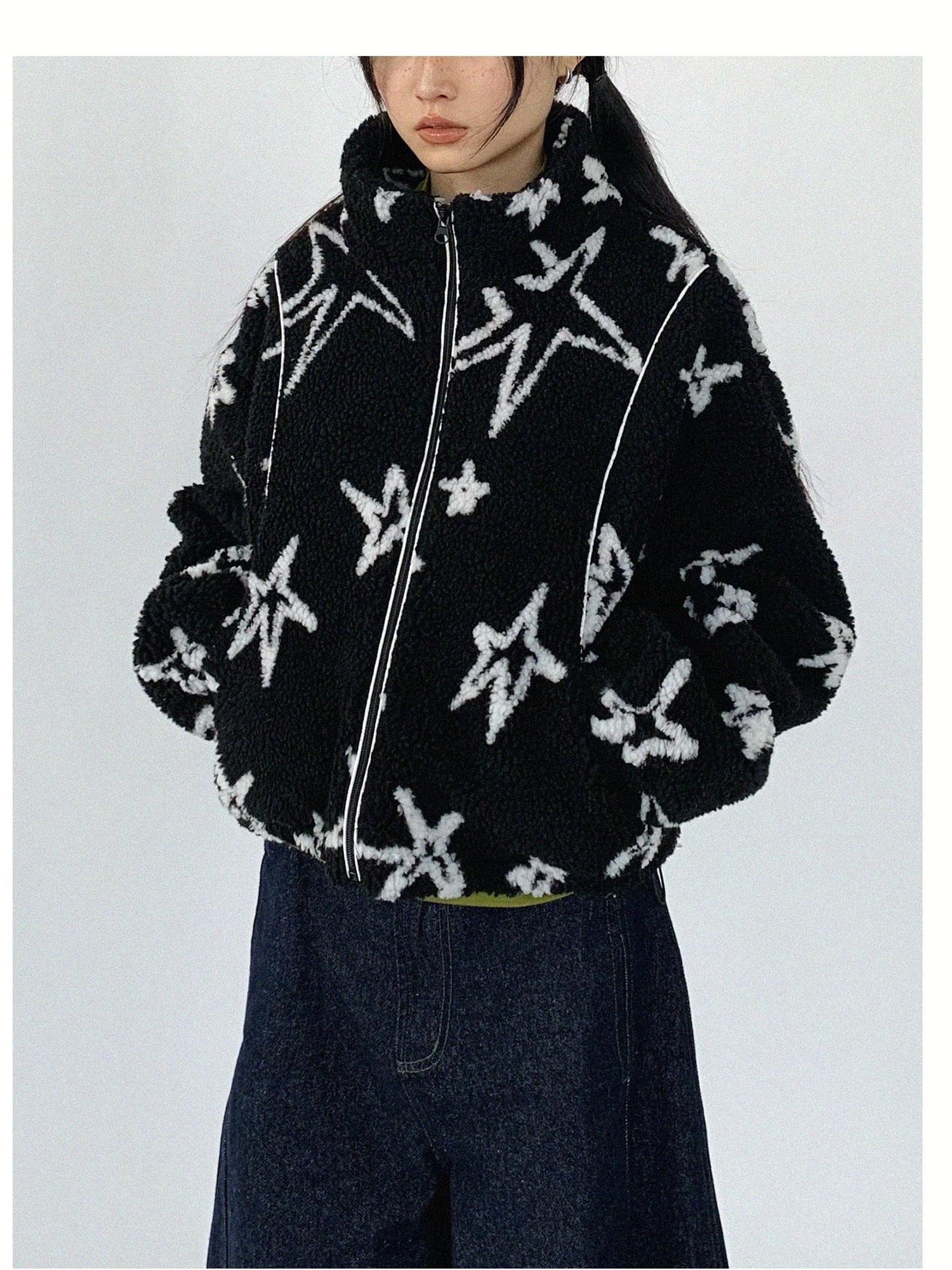 innomoood Star Embroidered Collar Scarf Shearling Cropped Jacket