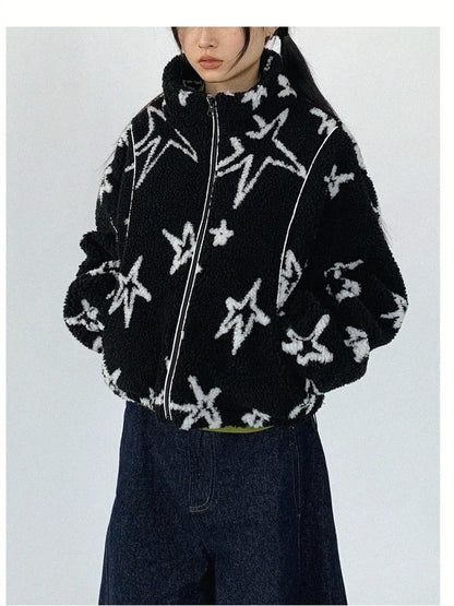 Star Embroidered Collar Scarf Shearling Cropped Jacket