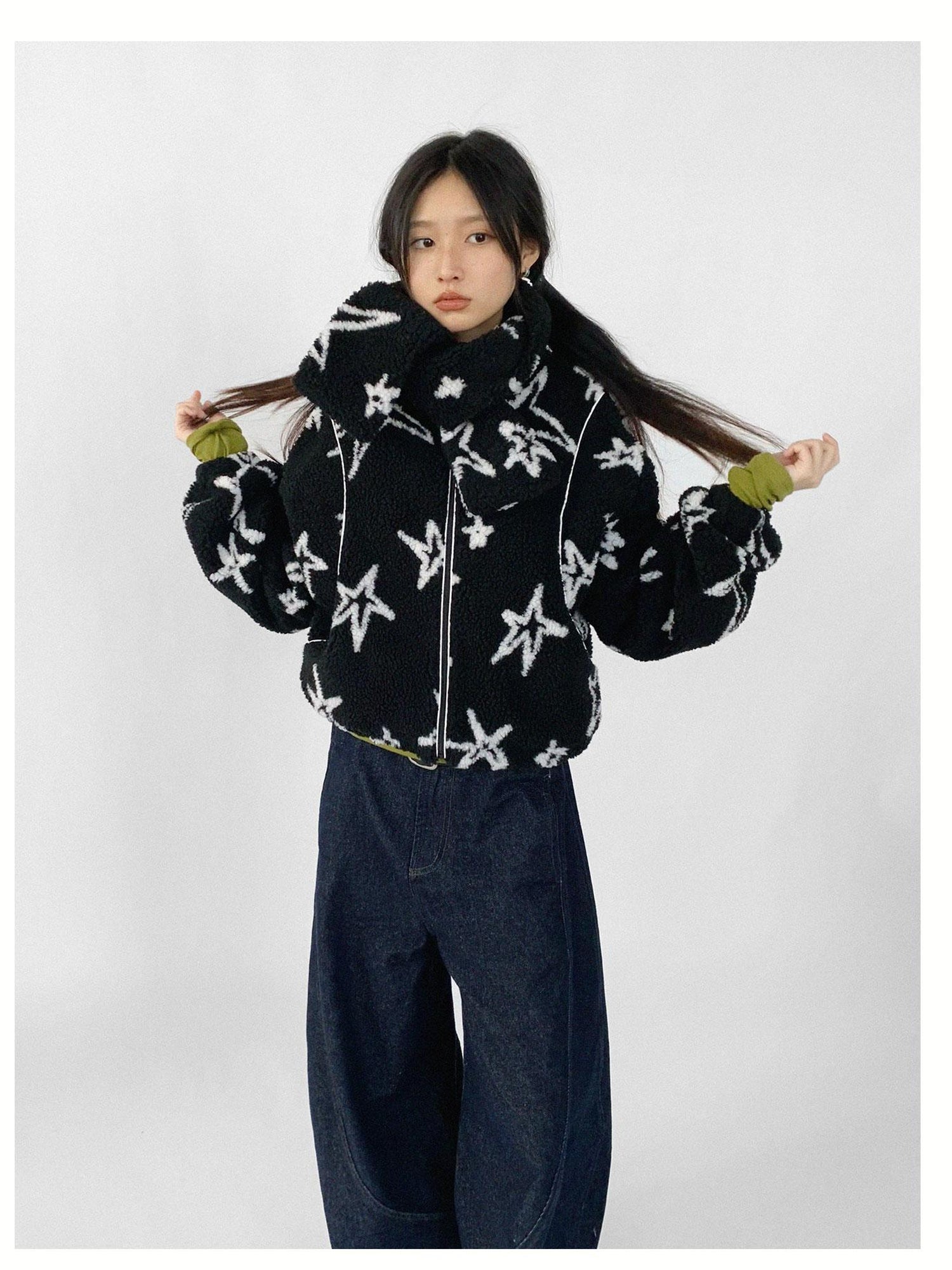 innomoood Star Embroidered Collar Scarf Shearling Cropped Jacket