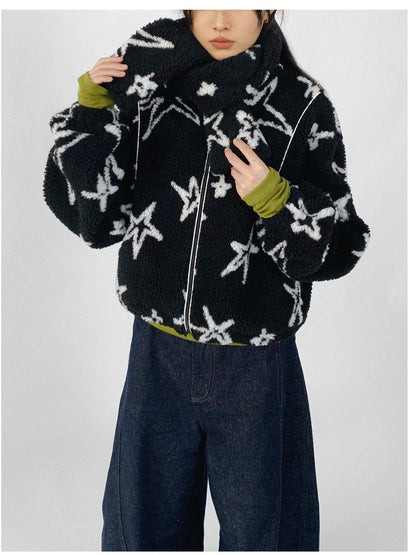 innomoood Star Embroidered Collar Scarf Shearling Cropped Jacket