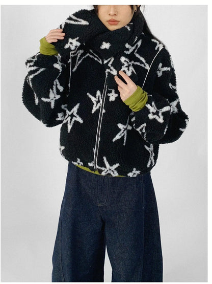 Star Embroidered Collar Scarf Shearling Cropped Jacket