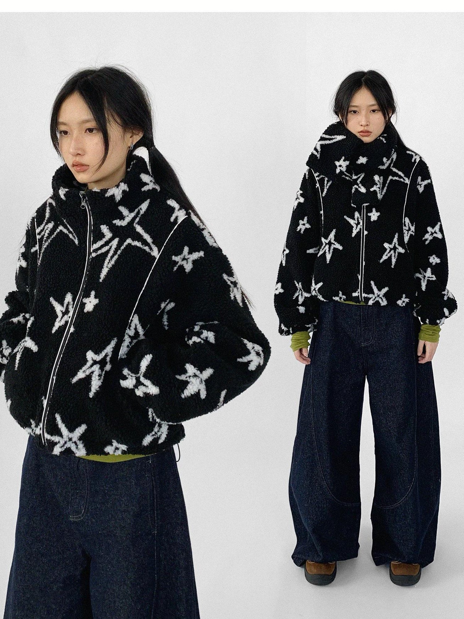 innomoood Star Embroidered Collar Scarf Shearling Cropped Jacket
