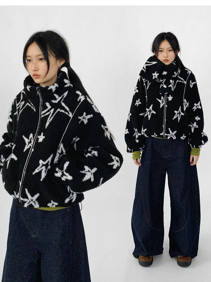 innomoood Star Embroidered Collar Scarf Shearling Cropped Jacket