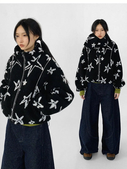 Star Embroidered Collar Scarf Shearling Cropped Jacket
