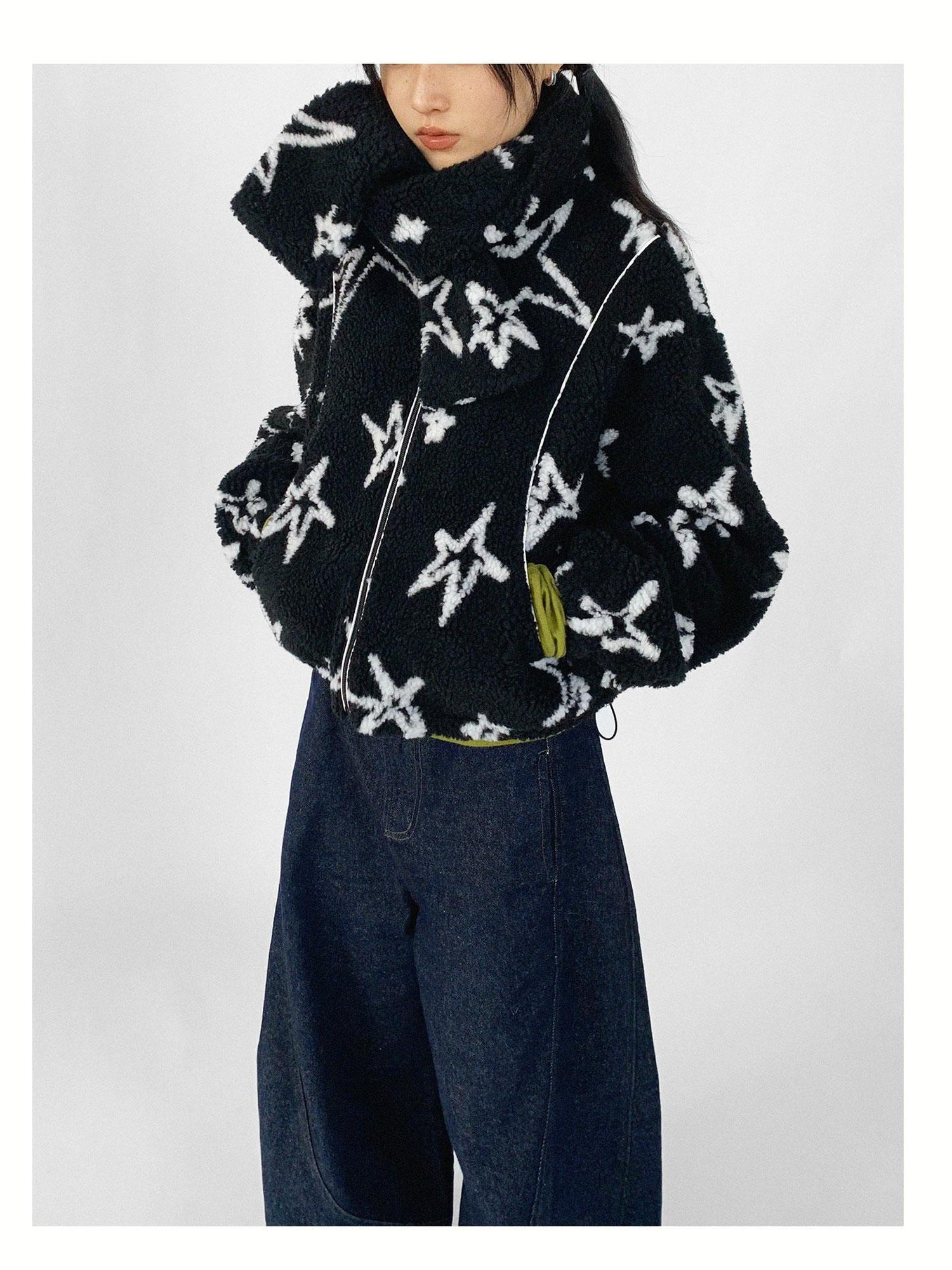 innomoood Star Embroidered Collar Scarf Shearling Cropped Jacket