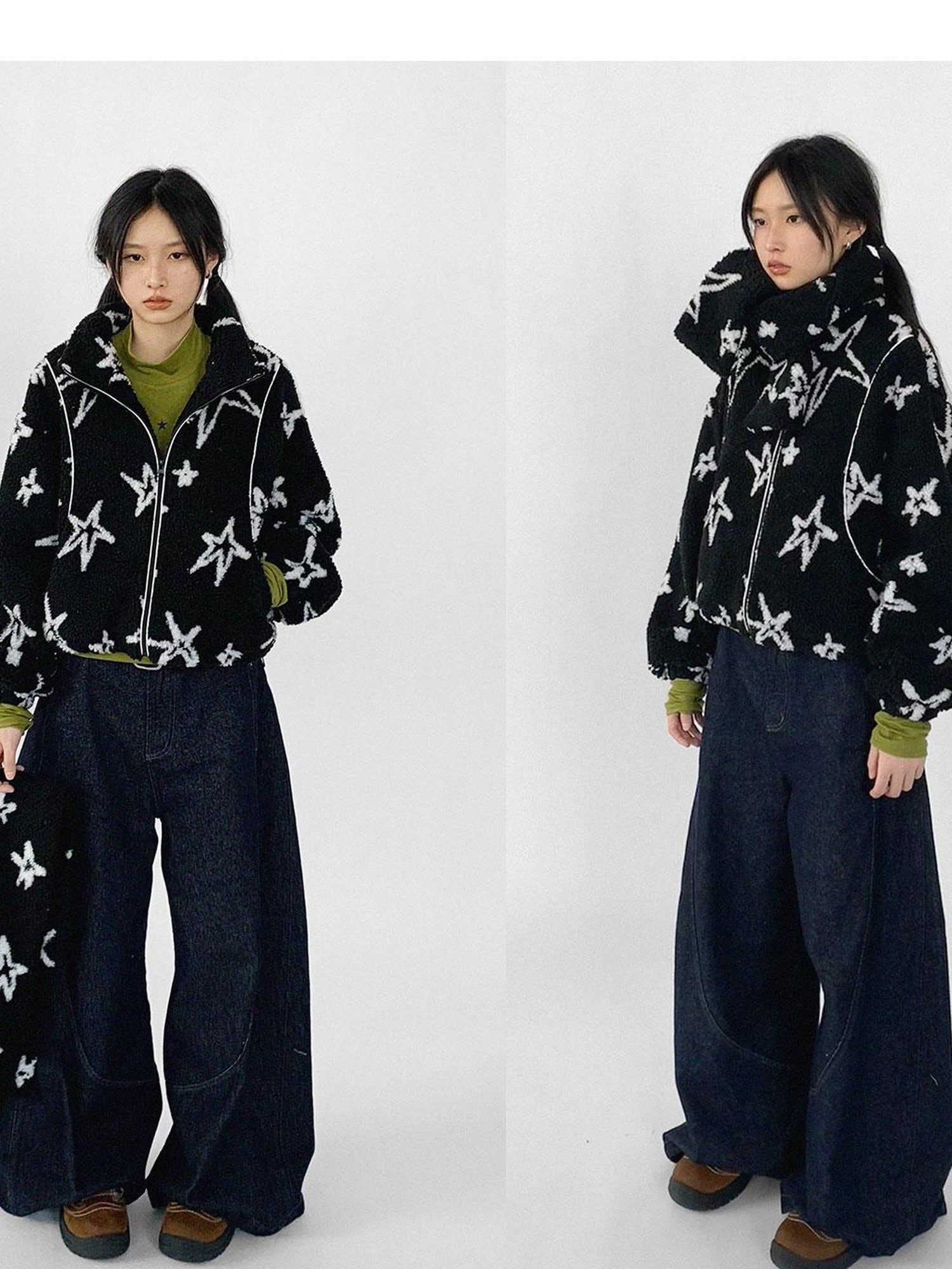 innomoood Star Embroidered Collar Scarf Shearling Cropped Jacket