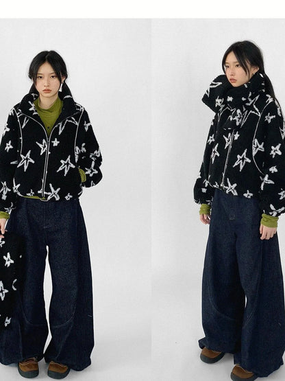 Star Embroidered Collar Scarf Shearling Cropped Jacket