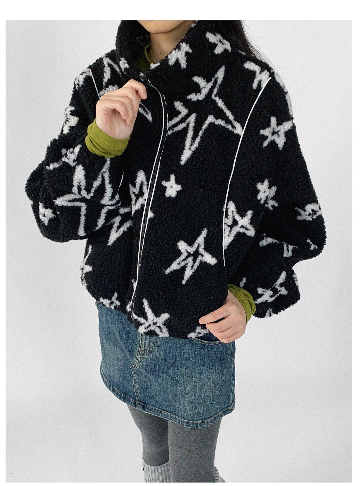 innomoood Star Embroidered Collar Scarf Shearling Cropped Jacket