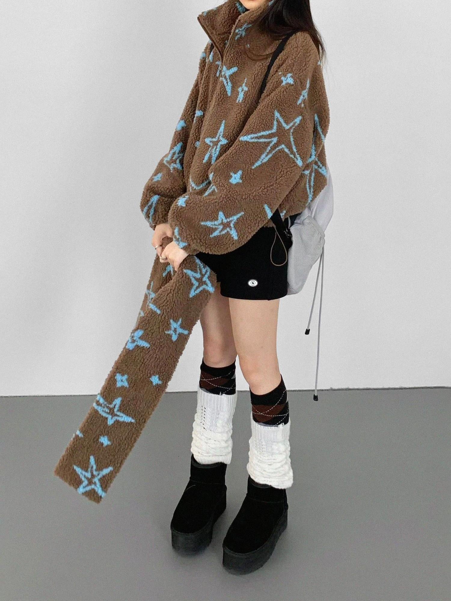 innomoood Star Embroidered Collar Scarf Shearling Cropped Jacket