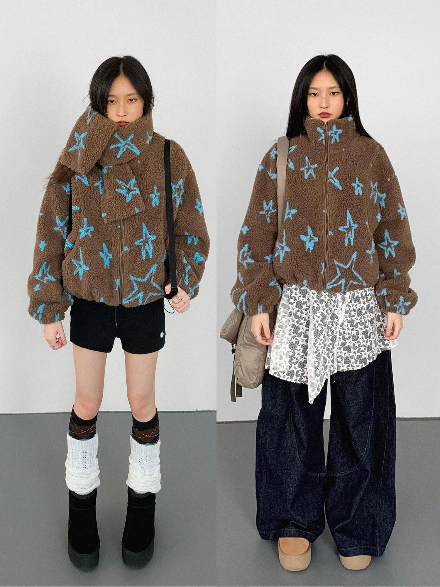 innomoood Star Embroidered Collar Scarf Shearling Cropped Jacket