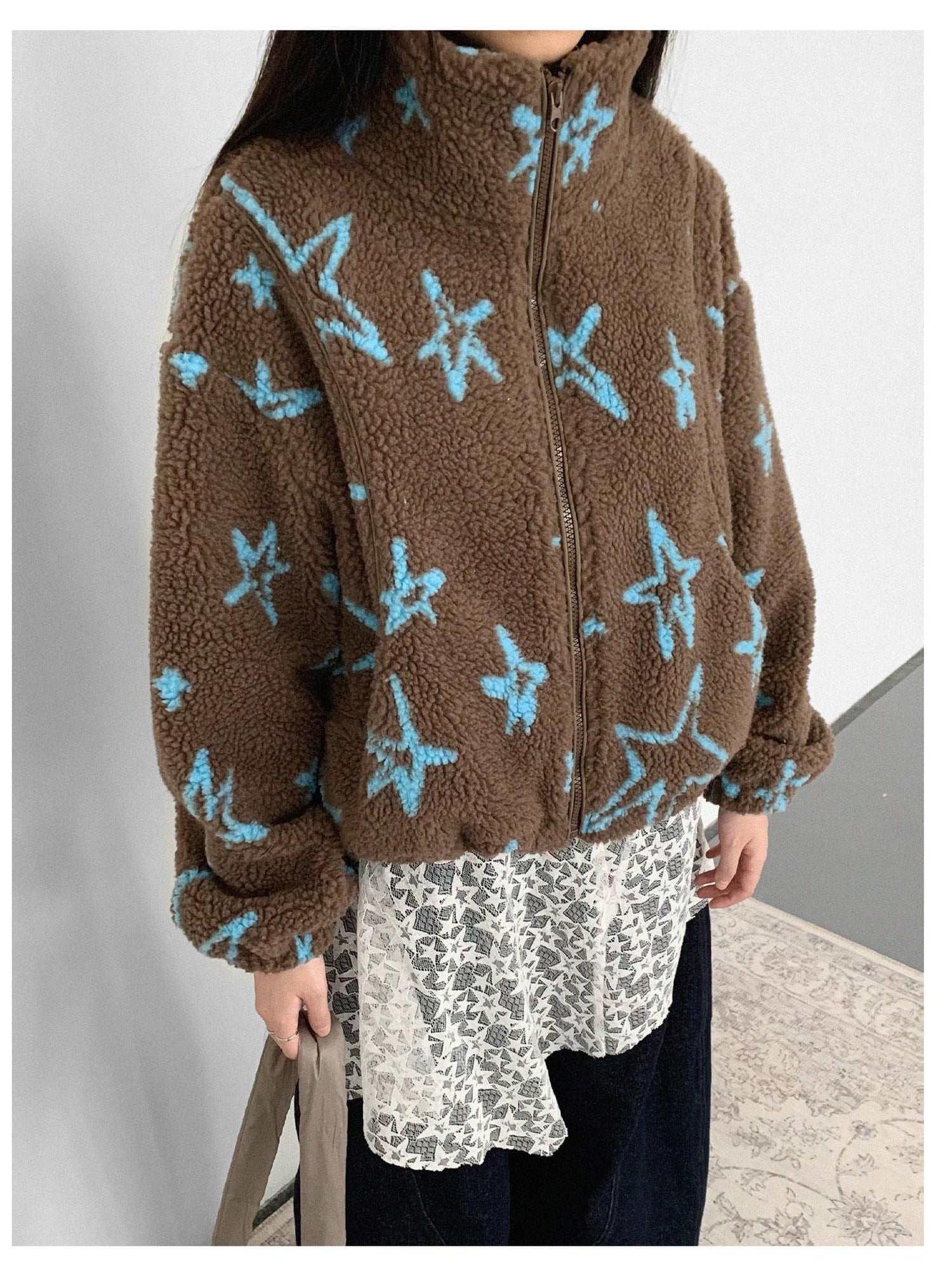 innomoood Star Embroidered Collar Scarf Shearling Cropped Jacket