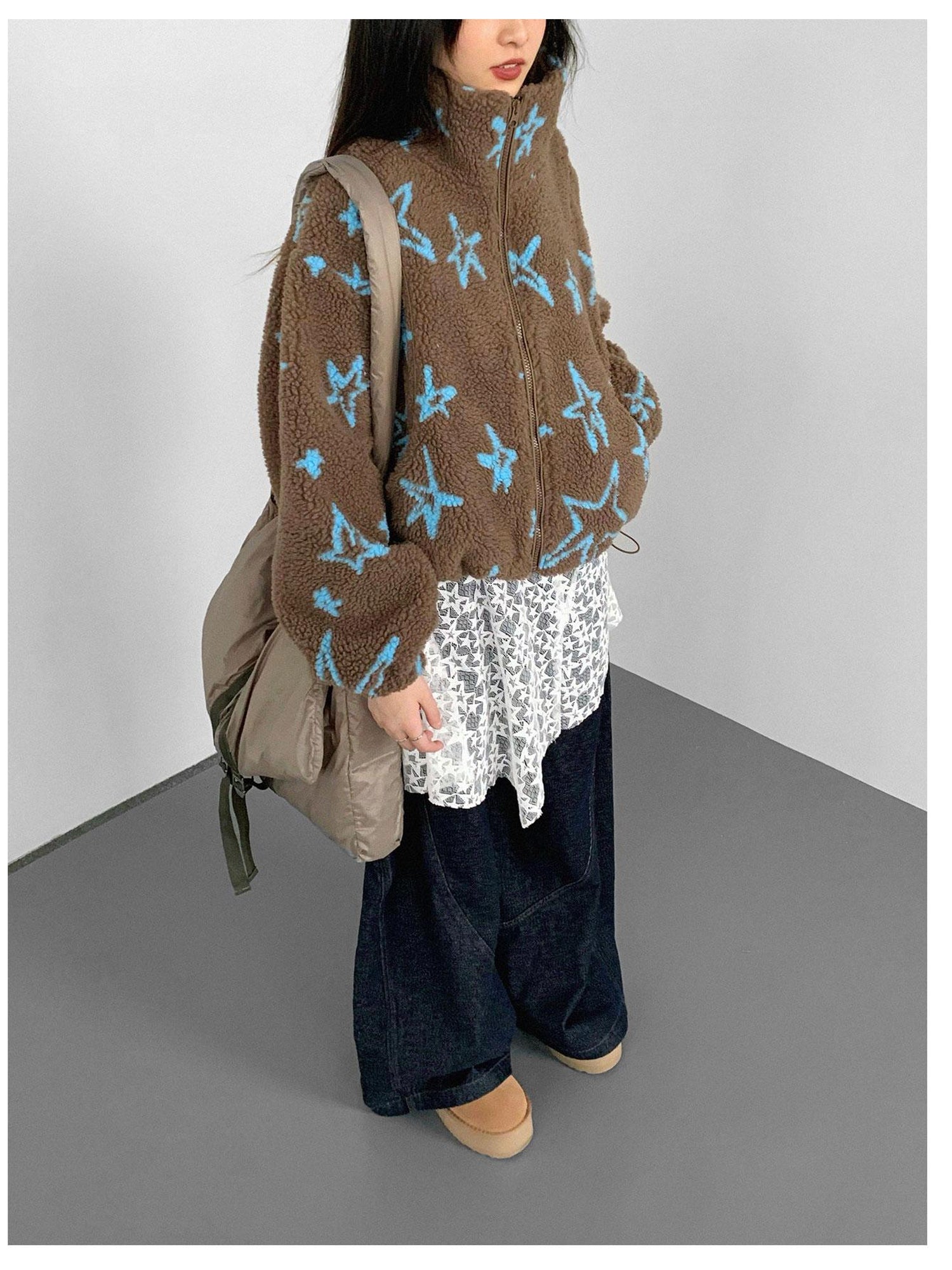 innomoood Star Embroidered Collar Scarf Shearling Cropped Jacket
