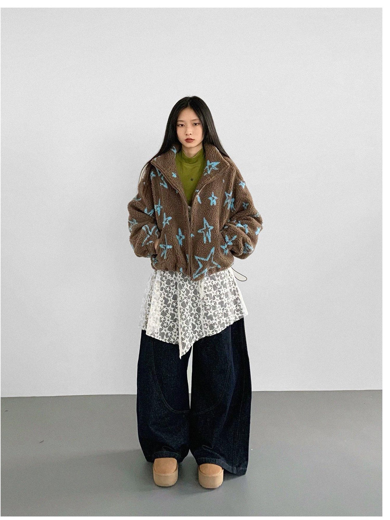 innomoood Star Embroidered Collar Scarf Shearling Cropped Jacket
