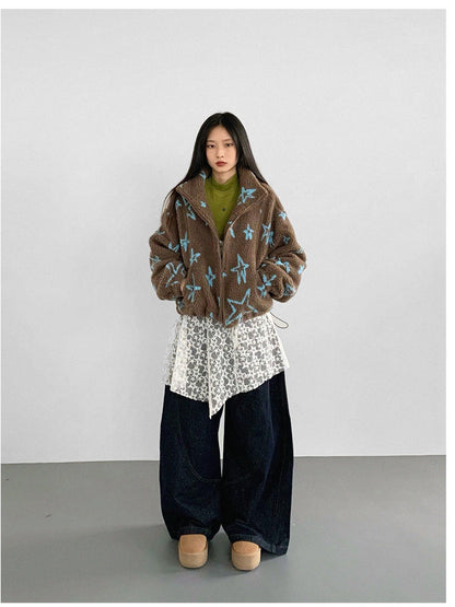innomoood Star Embroidered Collar Scarf Shearling Cropped Jacket