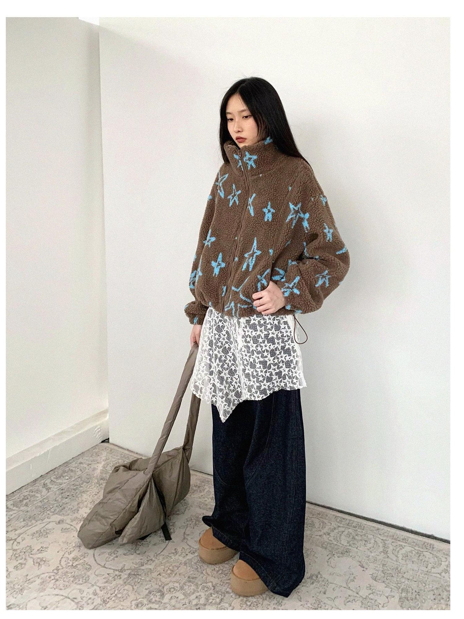 innomoood Star Embroidered Collar Scarf Shearling Cropped Jacket