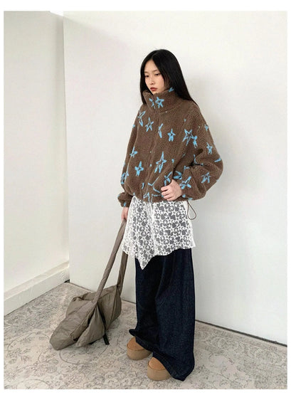 Star Embroidered Collar Scarf Shearling Cropped Jacket