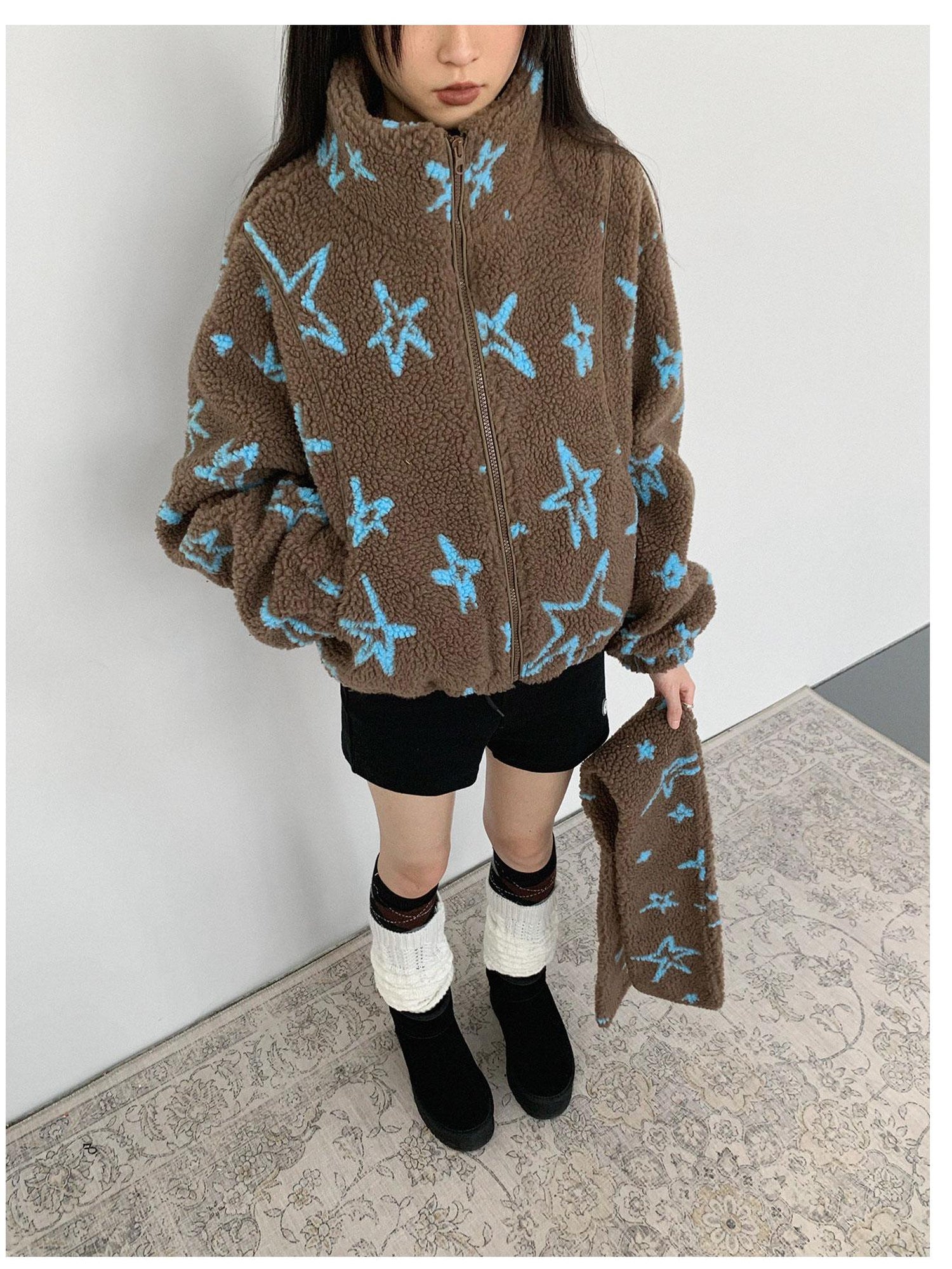 innomoood Star Embroidered Collar Scarf Shearling Cropped Jacket