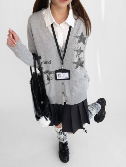 innomoood Star Print Cartoon V-neck Loose Fit Long Sleeve Women&