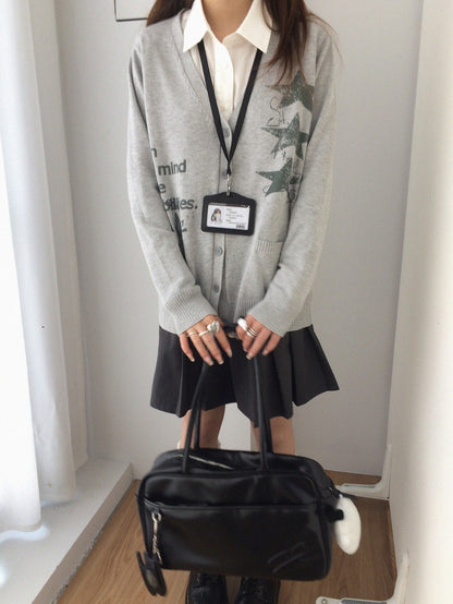 innomoood Star Print Cartoon V-neck Loose Fit Long Sleeve Women&