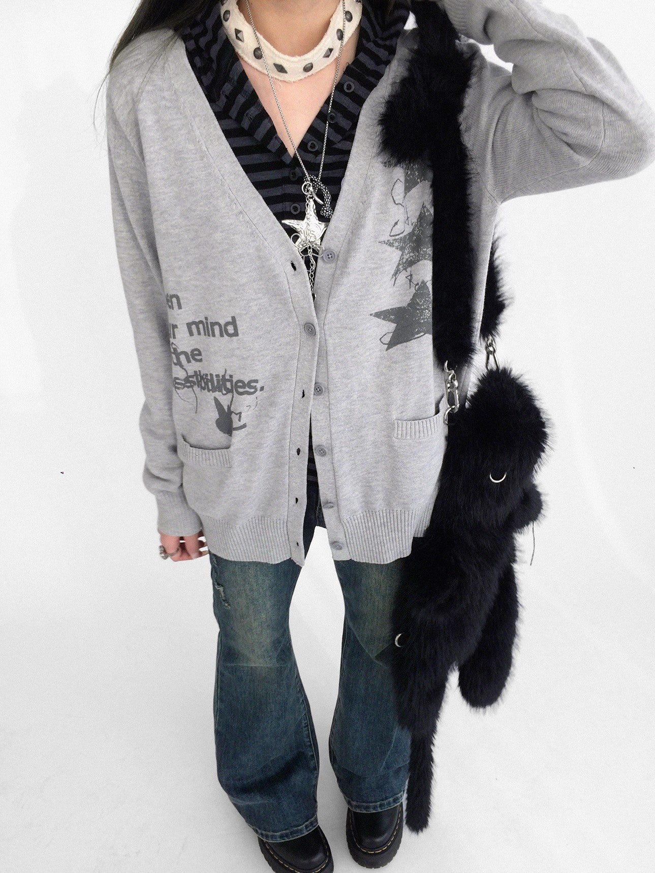 innomoood Star Print Cartoon V-neck Loose Fit Long Sleeve Women&