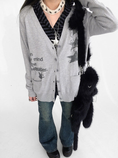 innomoood Star Print Cartoon V-neck Loose Fit Long Sleeve Women&
