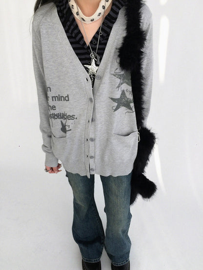 innomoood Star Print Cartoon V-neck Loose Fit Long Sleeve Women&