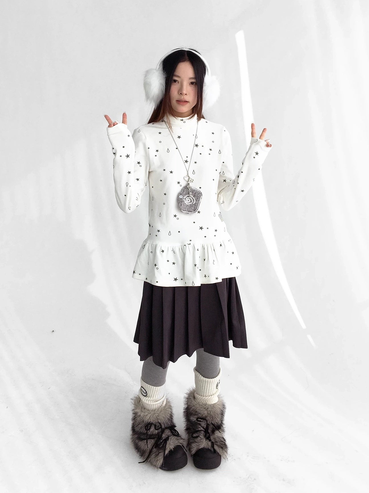 innomoood Star Teardrop Printed Striped High Neck Long Sleeve Women Casual T-Shirt