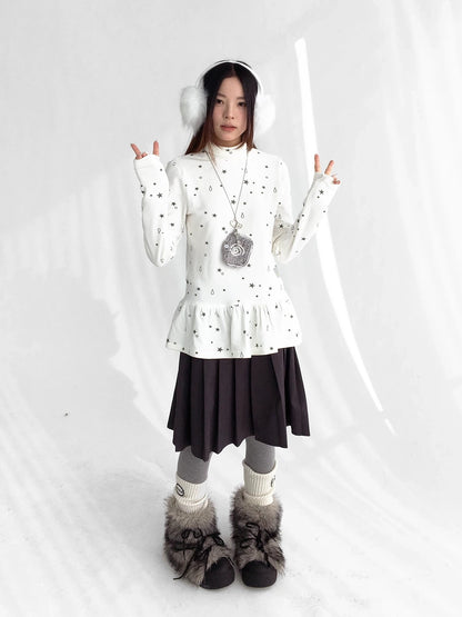 innomoood Star Teardrop Printed Striped High Neck Long Sleeve Women Casual T-Shirt