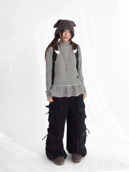 innomoood Star Teardrop Printed Striped High Neck Long Sleeve Women Casual T-Shirt