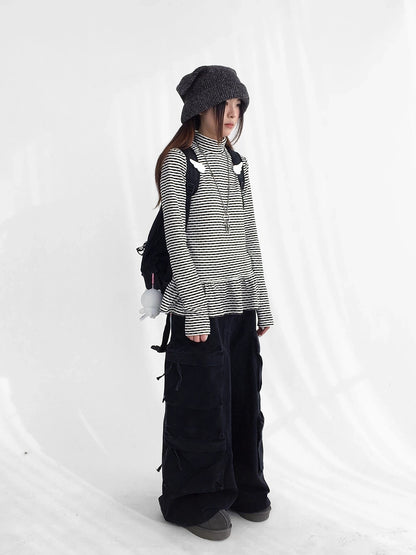 innomoood Star Teardrop Printed Striped High Neck Long Sleeve Women Casual T-Shirt