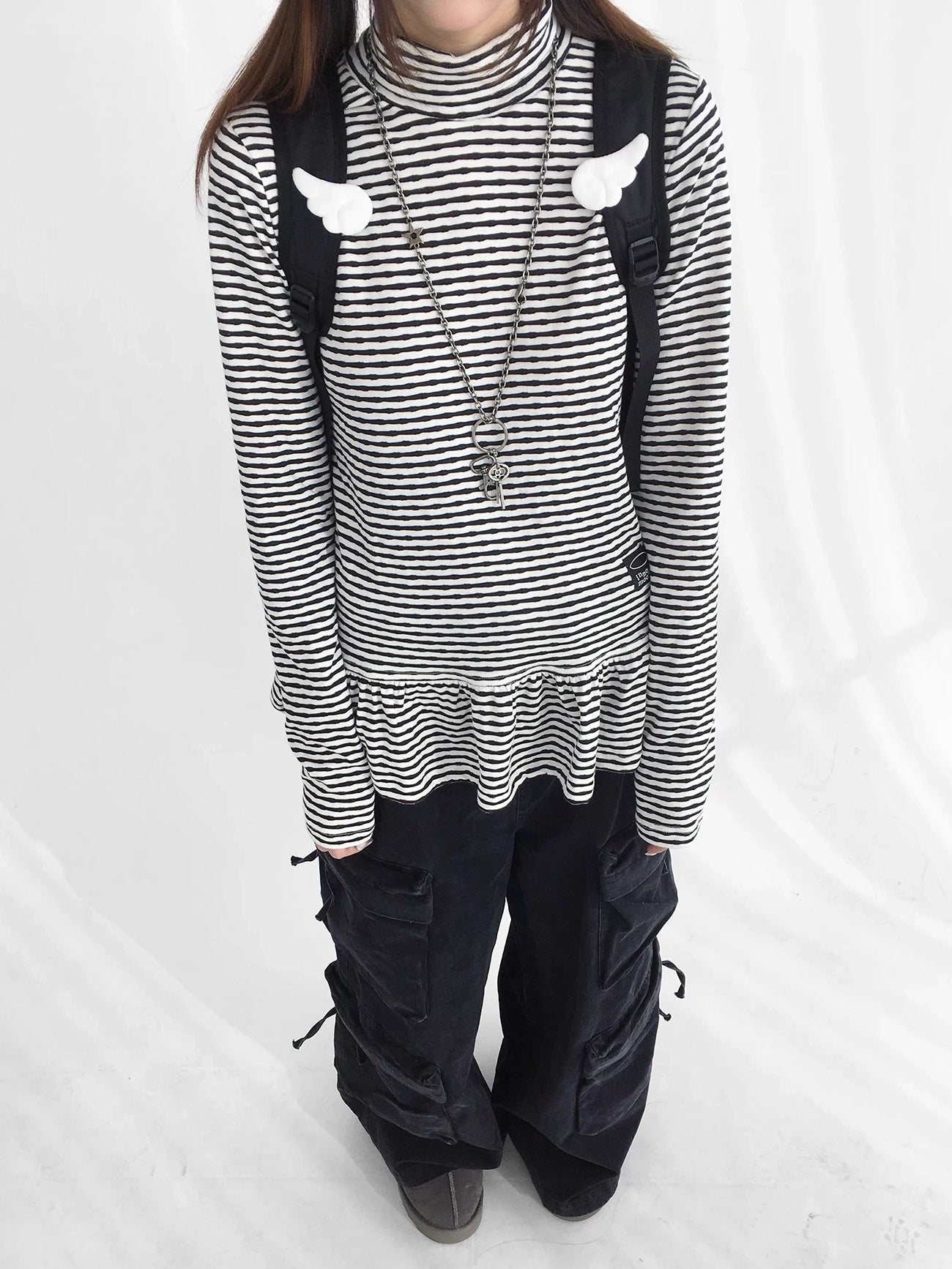 innomoood Star Teardrop Printed Striped High Neck Long Sleeve Women Casual T-Shirt