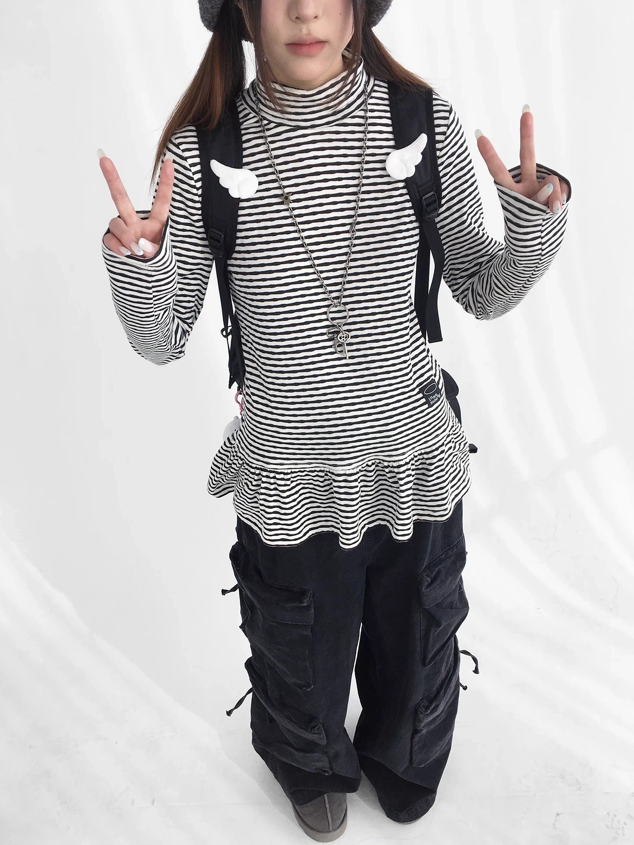 innomoood Star Teardrop Printed Striped High Neck Long Sleeve Women Casual T-Shirt