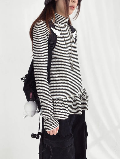 innomoood Star Teardrop Printed Striped High Neck Long Sleeve Women Casual T-Shirt