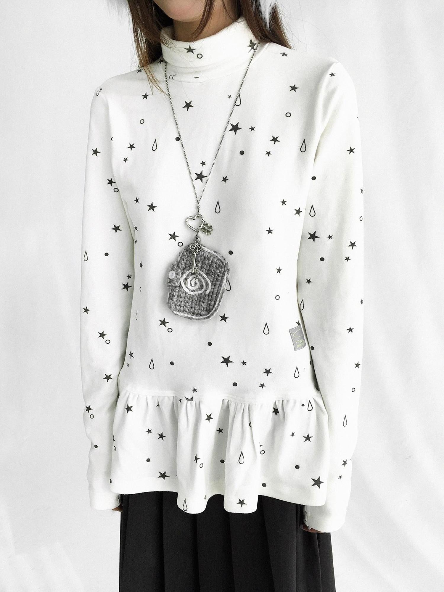 innomoood Star Teardrop Printed Striped High Neck Long Sleeve Women Casual T-Shirt