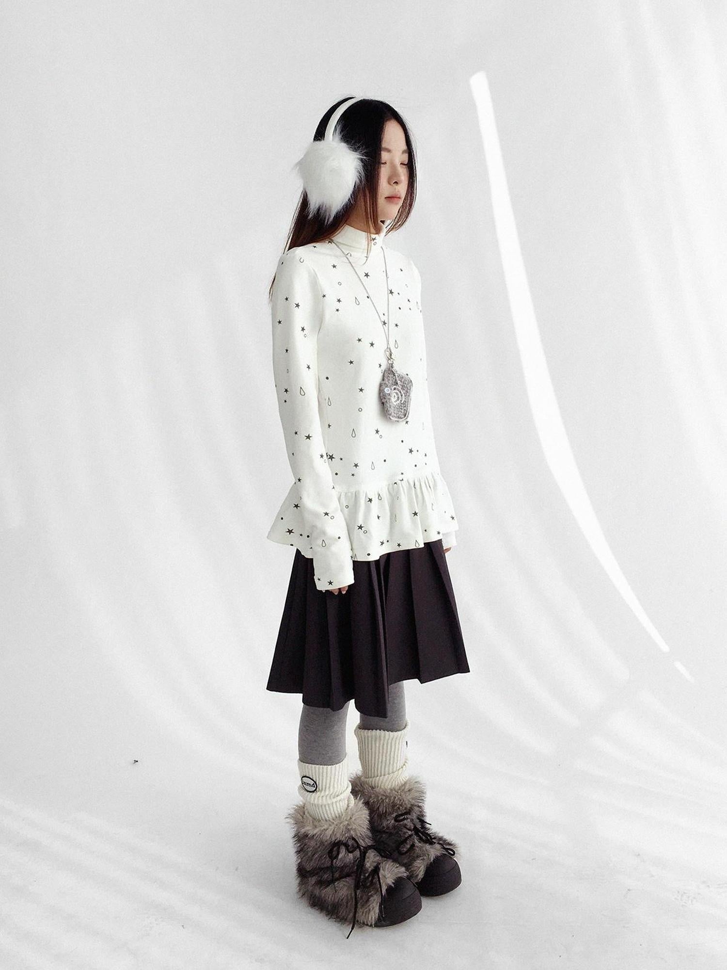 innomoood Star Teardrop Printed Striped High Neck Long Sleeve Women Casual T-Shirt