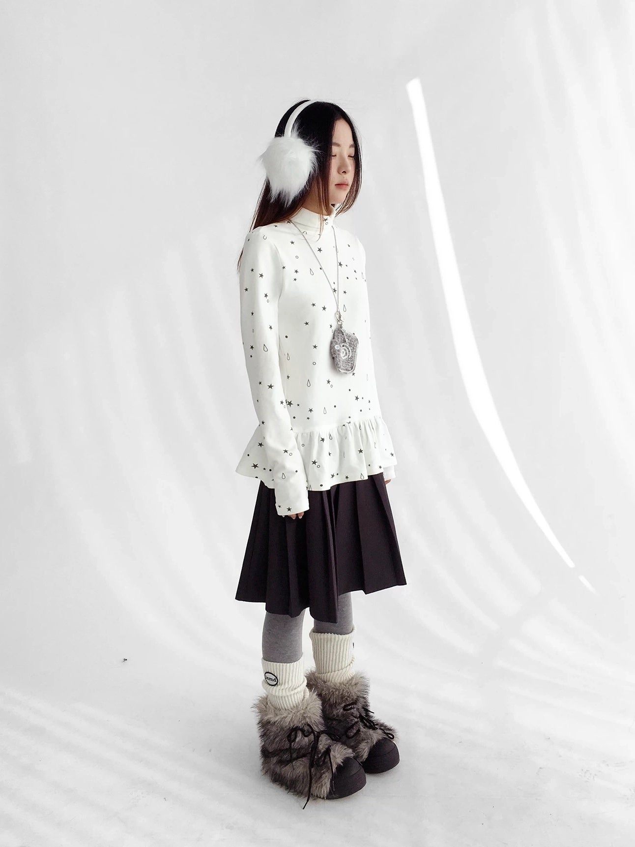 innomoood Star Teardrop Printed Striped High Neck Long Sleeve Women Casual T-Shirt