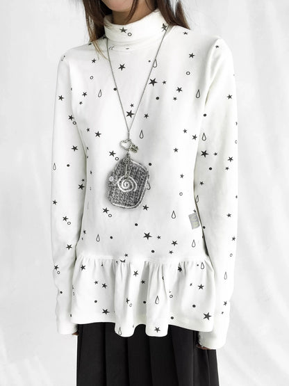 innomoood Star Teardrop Printed Striped High Neck Long Sleeve Women Casual T-Shirt