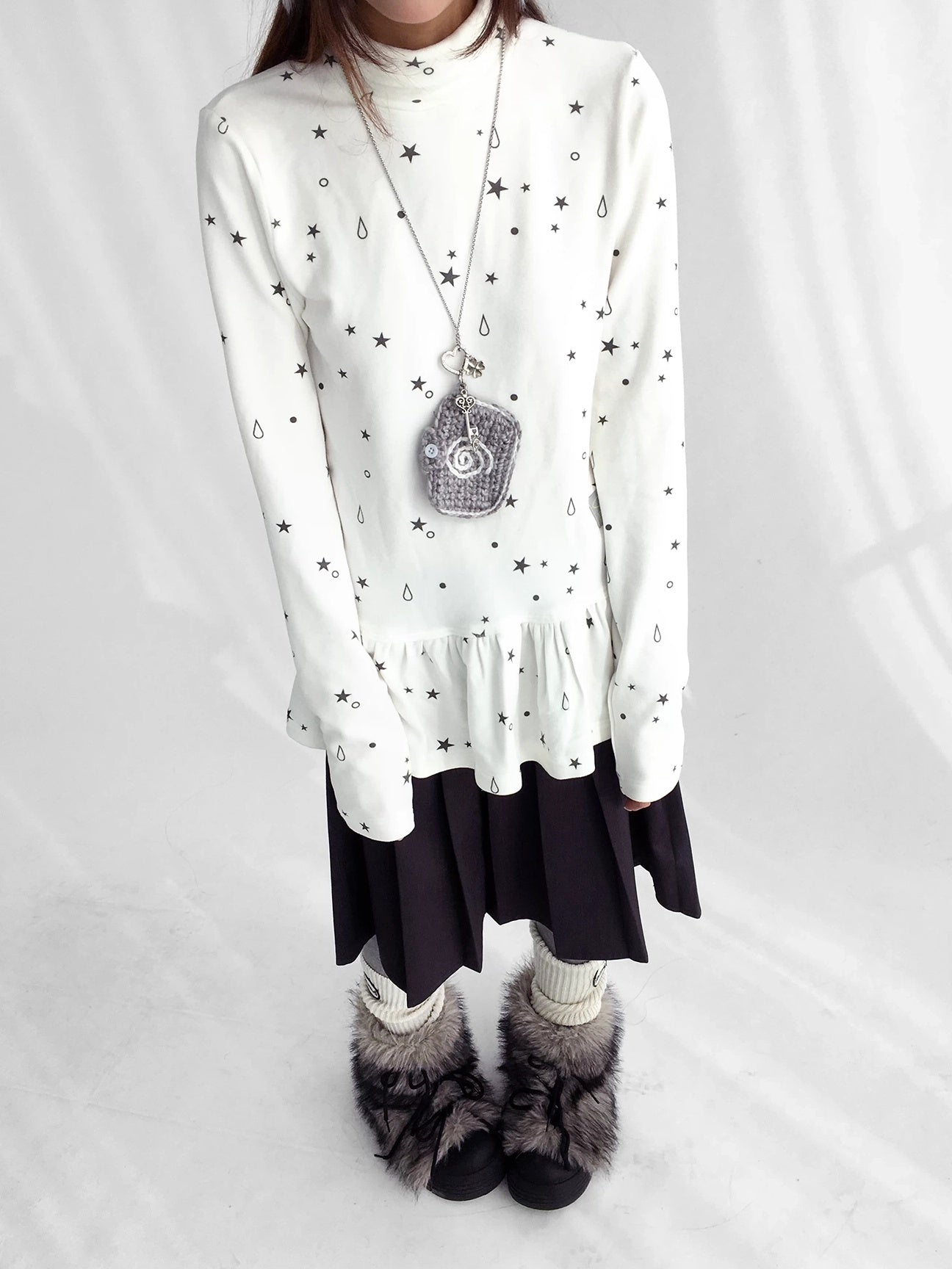 innomoood Star Teardrop Printed Striped High Neck Long Sleeve Women Casual T-Shirt