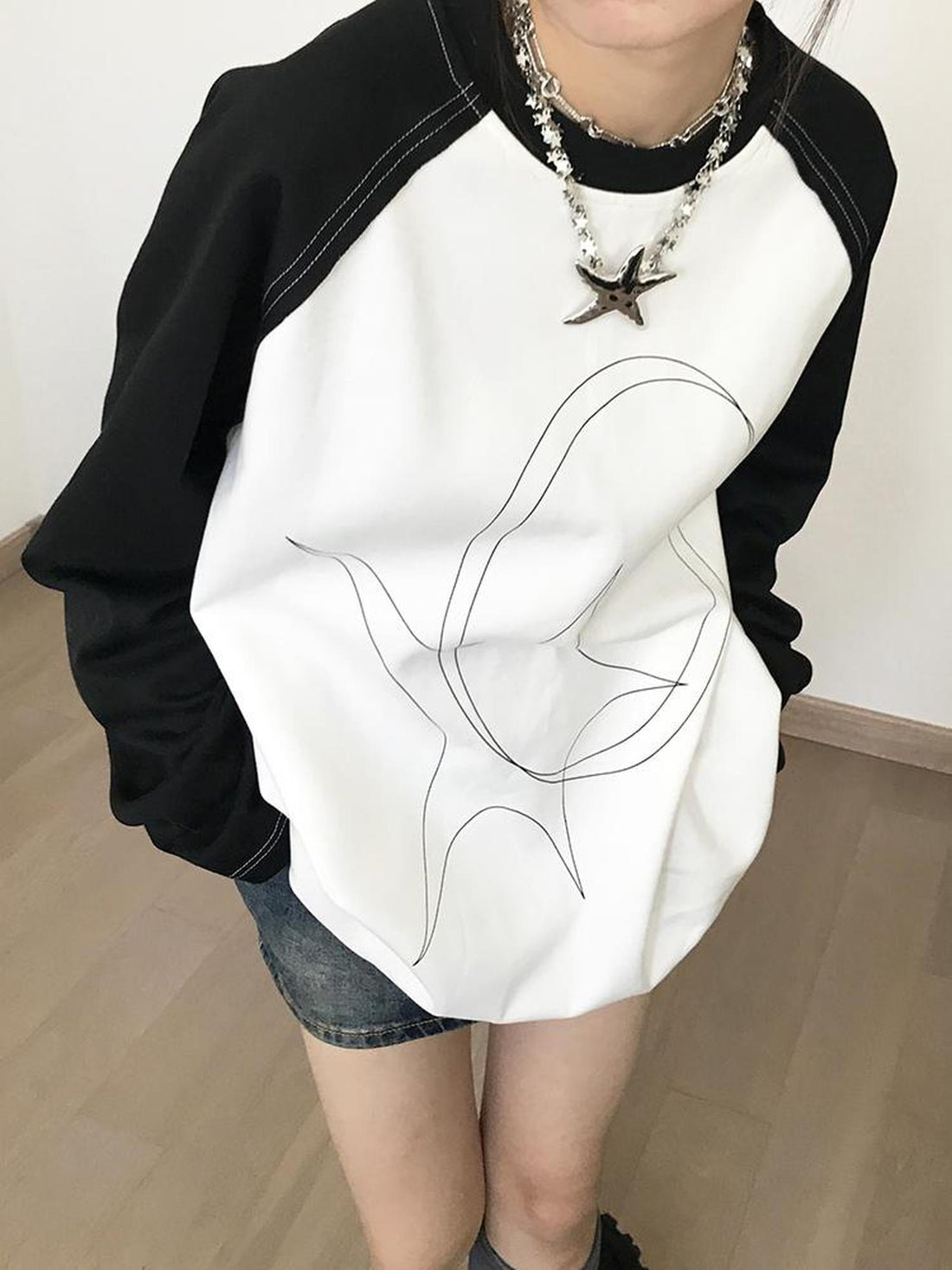 innomoood Star Zero Line Print Slub T-shirt Long Short Sleeve Raglan