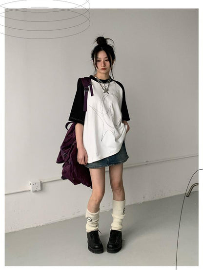 innomoood Star Zero Line Print Slub T-shirt Long Short Sleeve Raglan