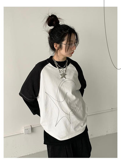 innomoood Star Zero Line Print Slub T-shirt Long Short Sleeve Raglan