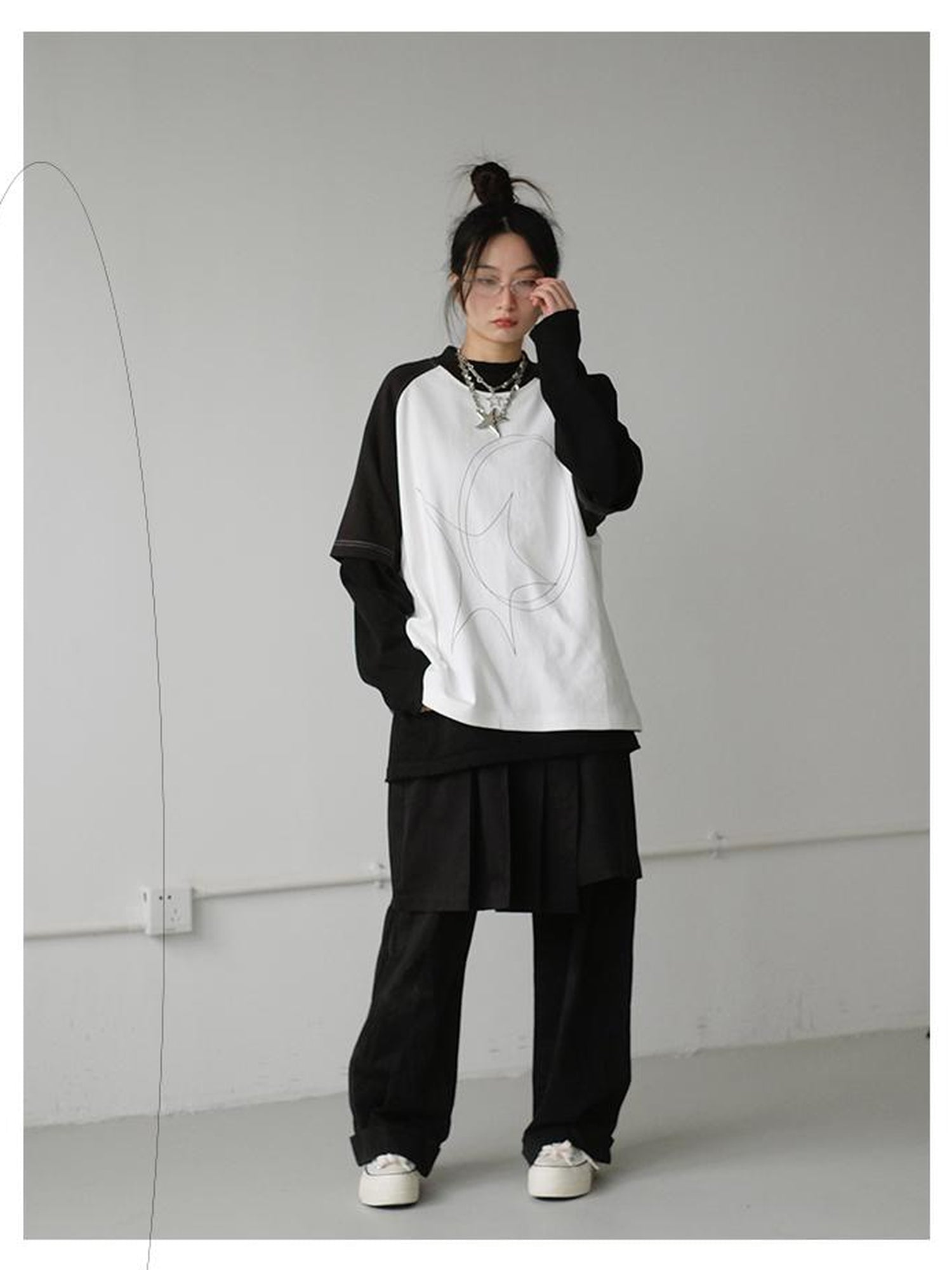 innomoood Star Zero Line Print Slub T-shirt Long Short Sleeve Raglan