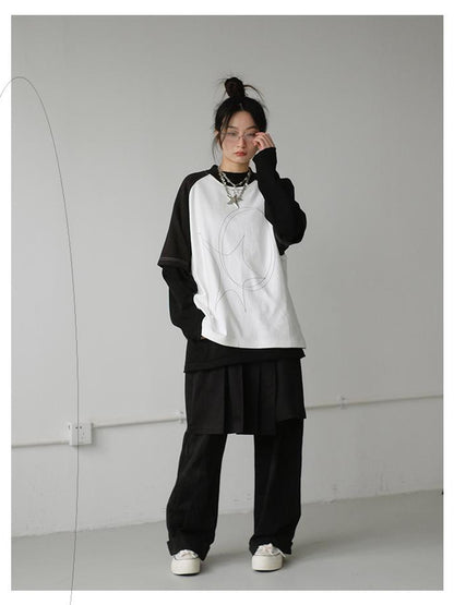 innomoood Star Zero Line Print Slub T-shirt Long Short Sleeve Raglan